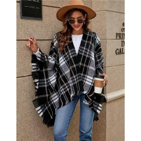 Women Boho Buffalo Plaid Poncho Pashmina Shawl Wrap Cape Sweater Knitting - Picture 5 of 6
